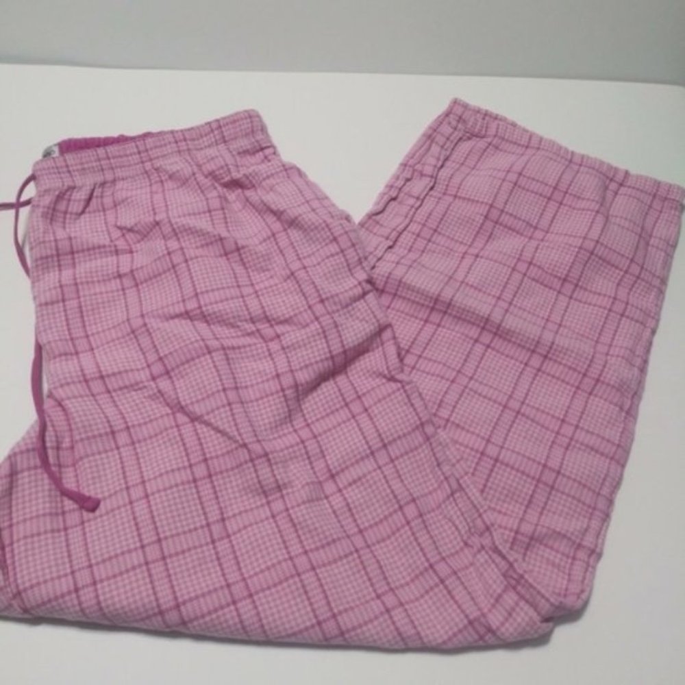 Pink plaid drawstring wide leg pajama pants